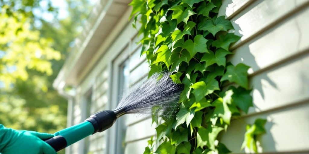 House exterior with ivy being cleared from aluminum siding.