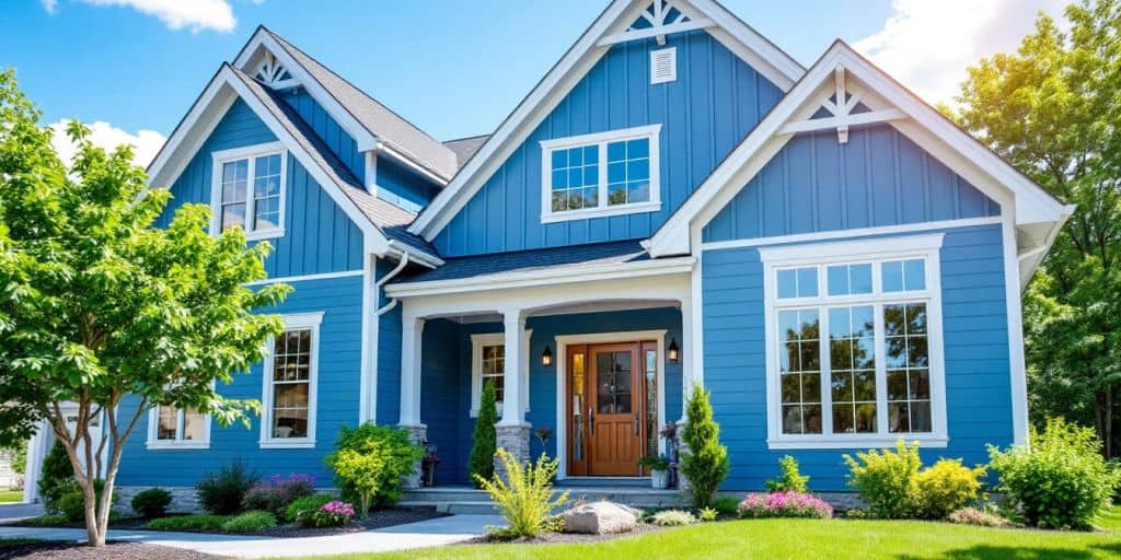 Modern house with blue aluminum siding in sunlight.