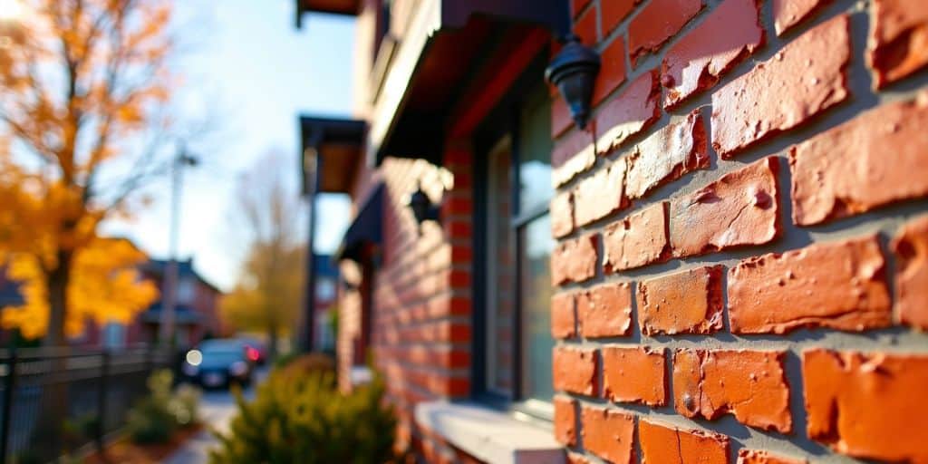 Bright house exterior with vibrant brick paint in Etobicoke.