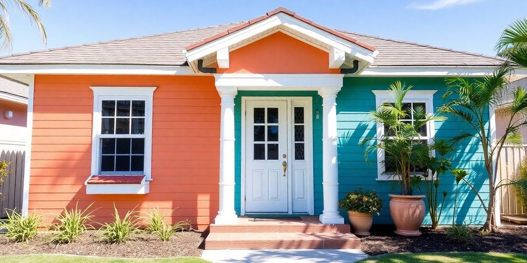 Brightly painted house exterior in natural light.