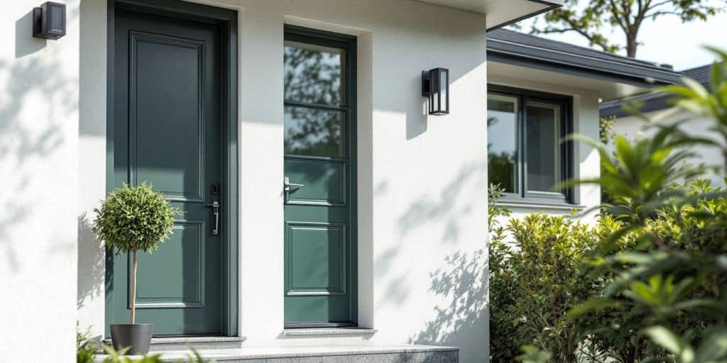 Sleek spray-painted door on a modern house exterior.