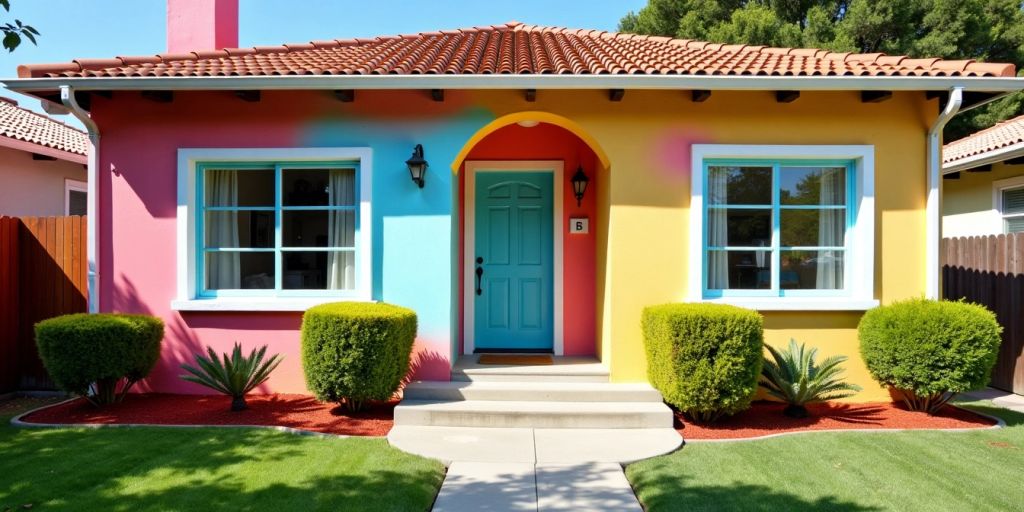 Vibrant spray-painted house exterior in bright lighting.