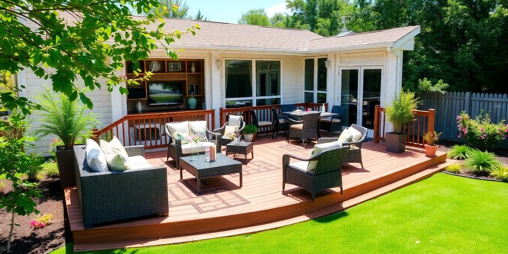 Beautiful outdoor deck with furniture and lush greenery.