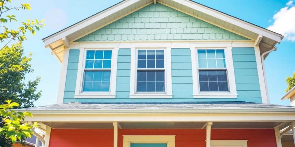 Bright house exterior with freshly painted vinyl siding.