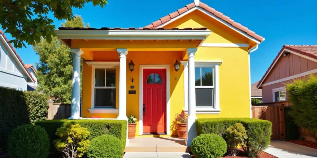 Brightly painted house exterior with greenery and blue sky.