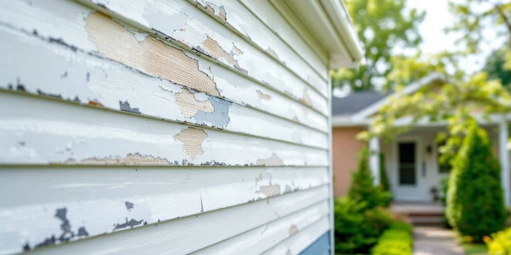 Vinyl siding on a house with peeling paint.