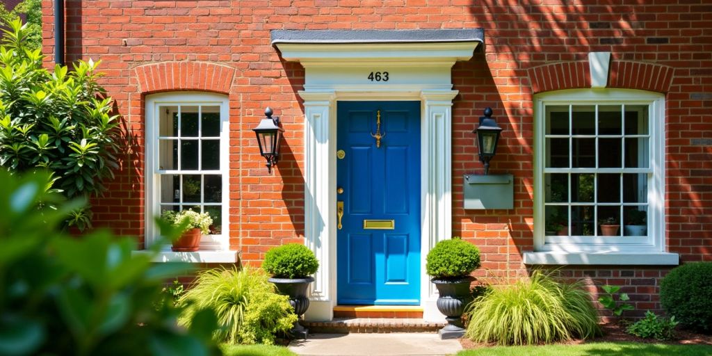 Bright brick house exterior in Cambridge, high-key photography.