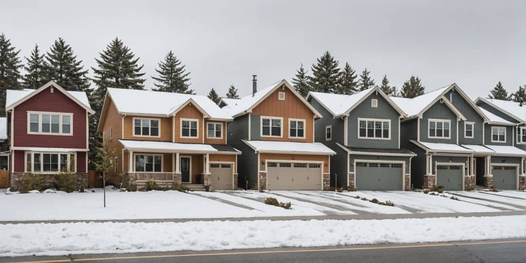 Houses with different exteriors in various weather