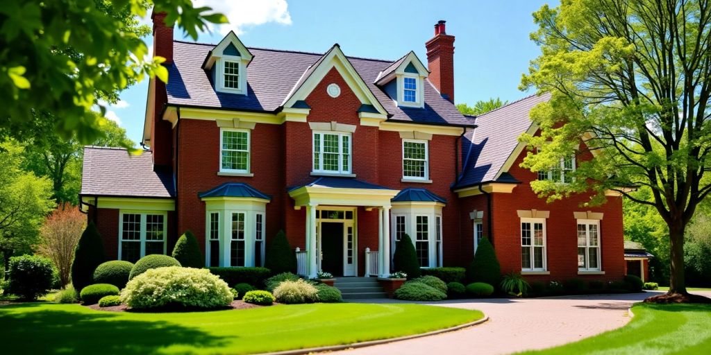 Exterior view of a shiny brick home with greenery.