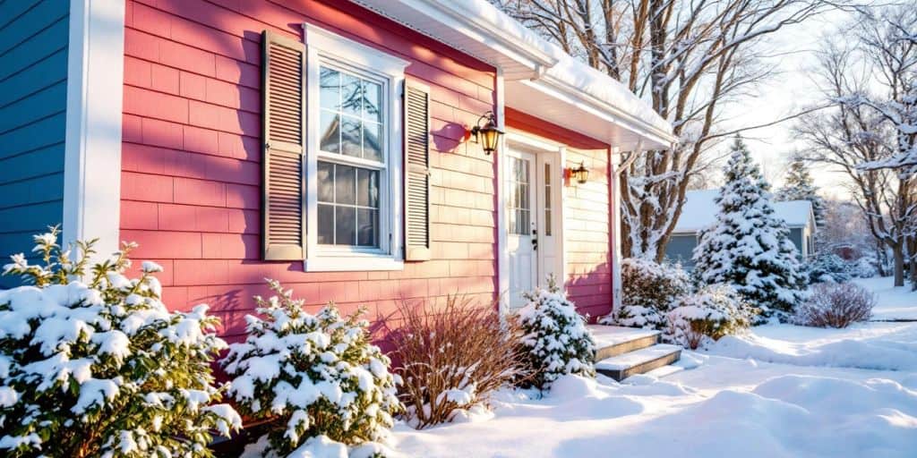 House with painted vinyl siding in winter snow.