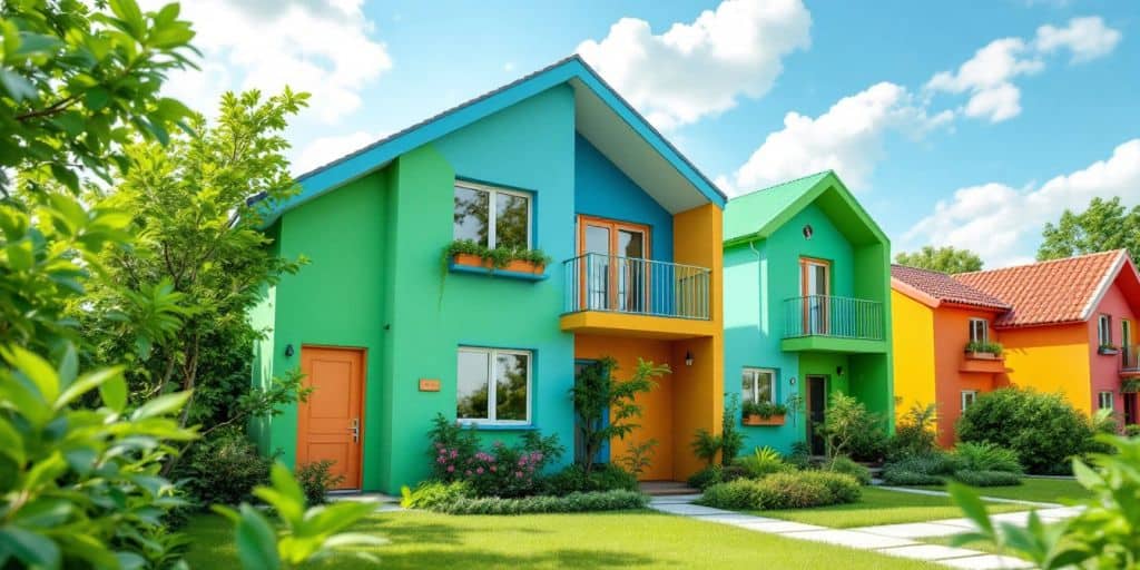 Eco-friendly houses with vibrant, sustainable exterior paints.