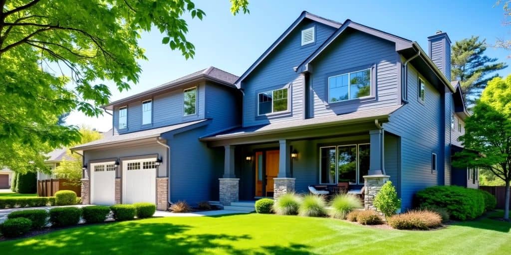 Modern house exterior with aluminum siding and greenery.