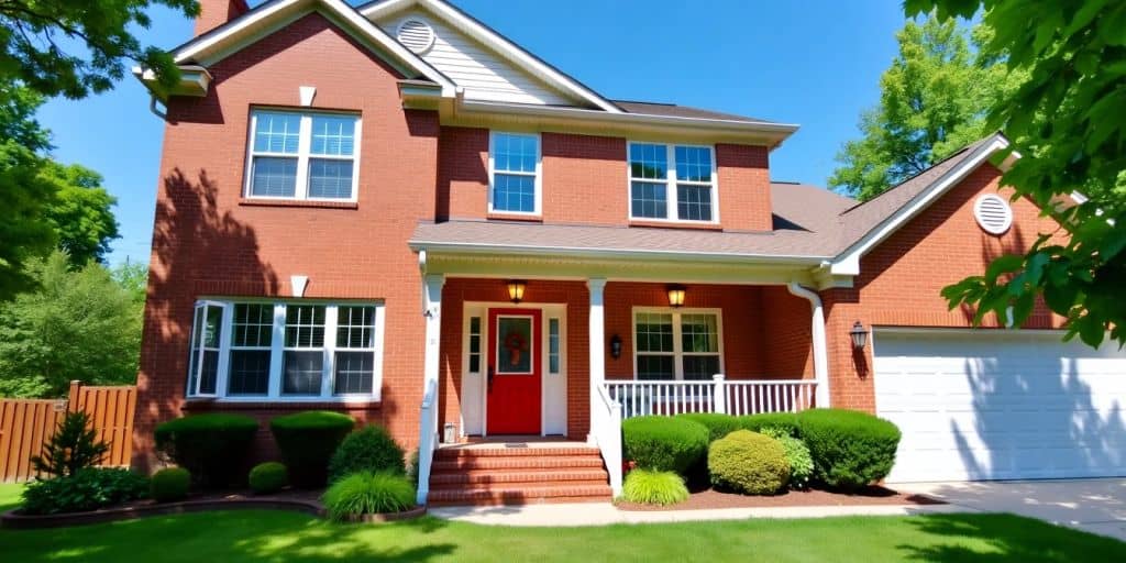 Bright brick house exterior with fresh paint and greenery.