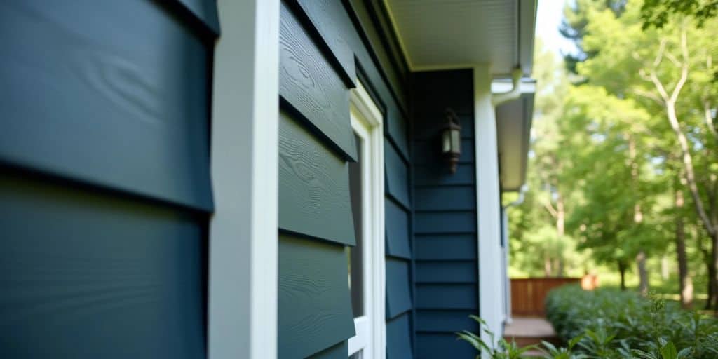 High-key photo of dark vinyl siding on a house.