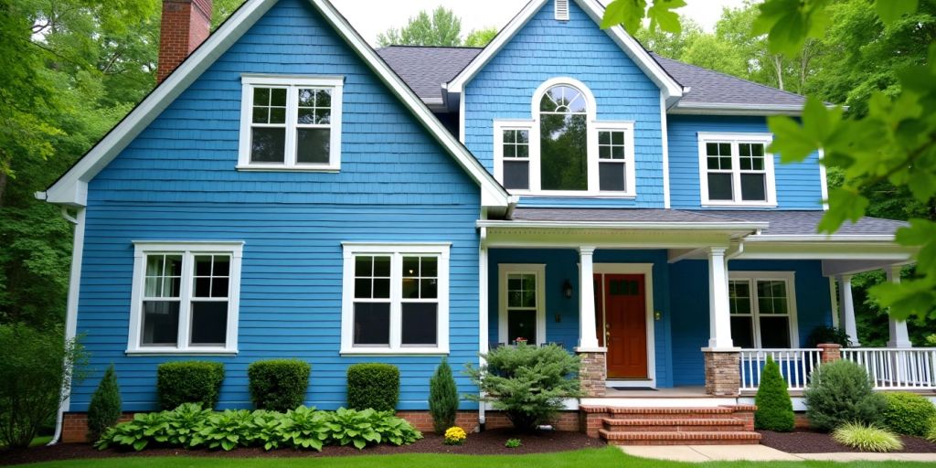 Blue aluminum siding house exterior with lush greenery.