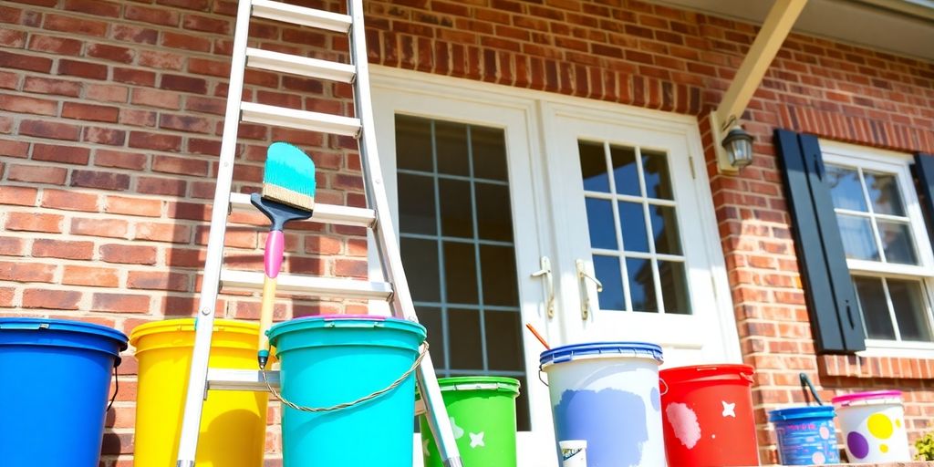 Freshly painted brick house with tools and paint.