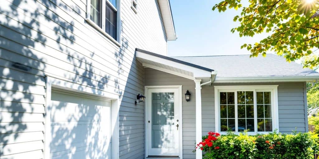 House exterior with dark and light aluminum siding hues.