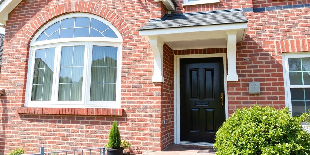 Brightly painted brick house exterior with vibrant colors.