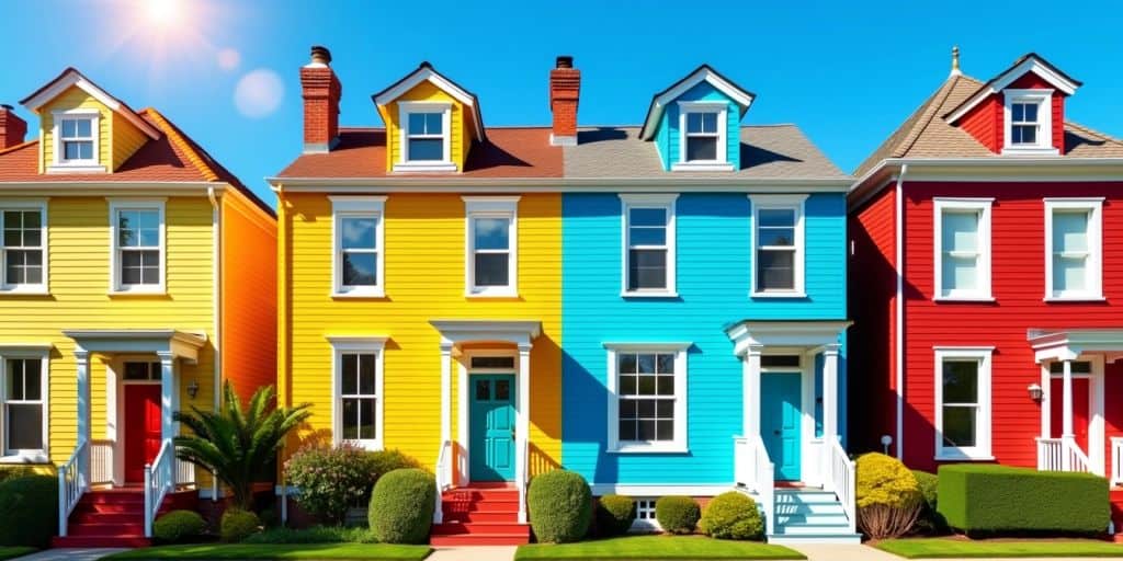 Colorful houses illustrating exterior painting choices.