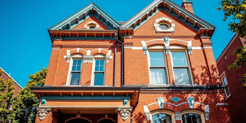 Restored brick house exterior in Brantford, vibrant colors.