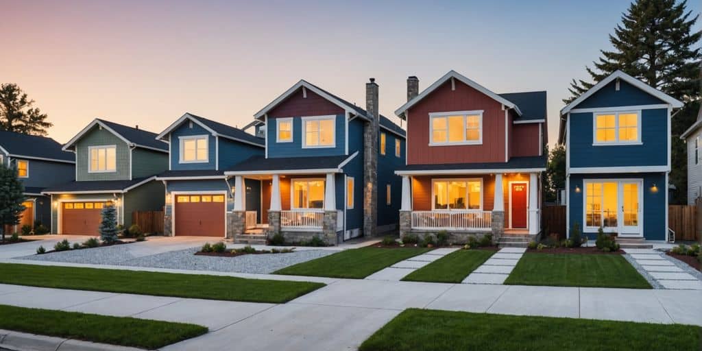 Houses with unique exterior surfaces in bright light.