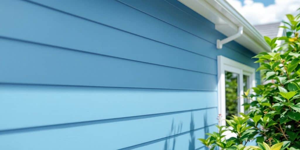 Blue grey vinyl siding on a modern house exterior.