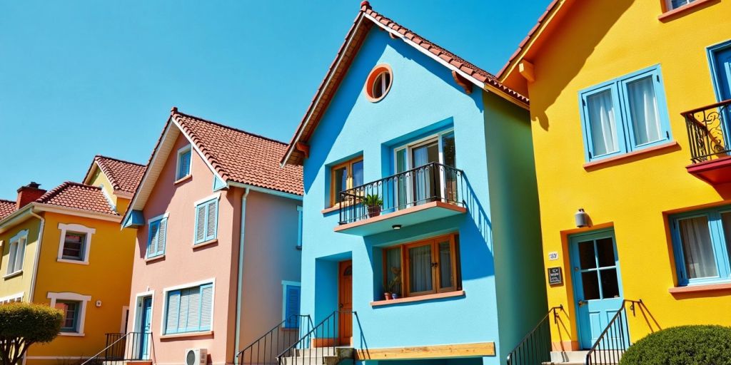 Colorful houses showcasing diverse exterior painting techniques.