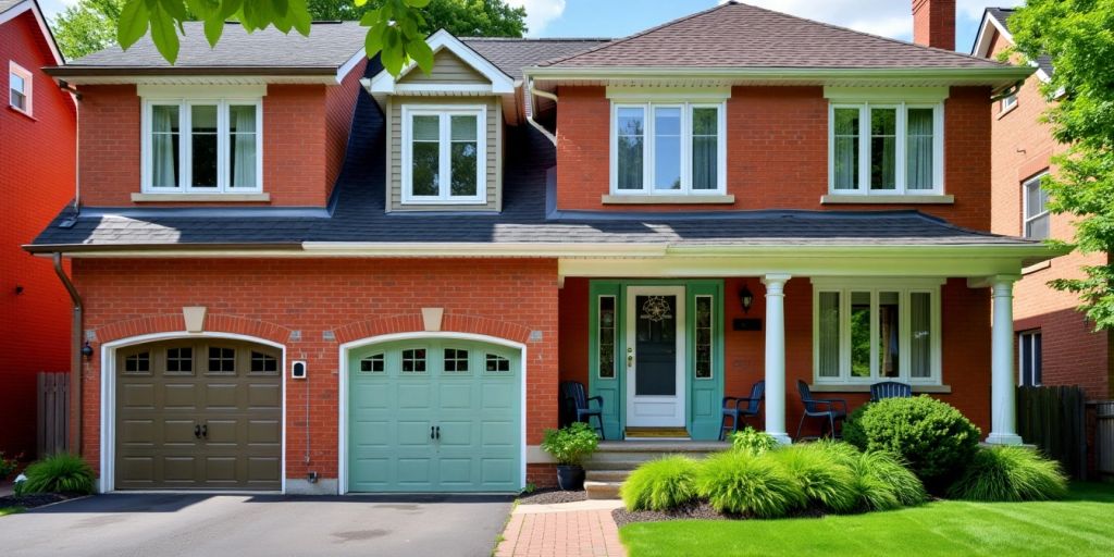 Bright brick house exterior with harmonious paint colors.