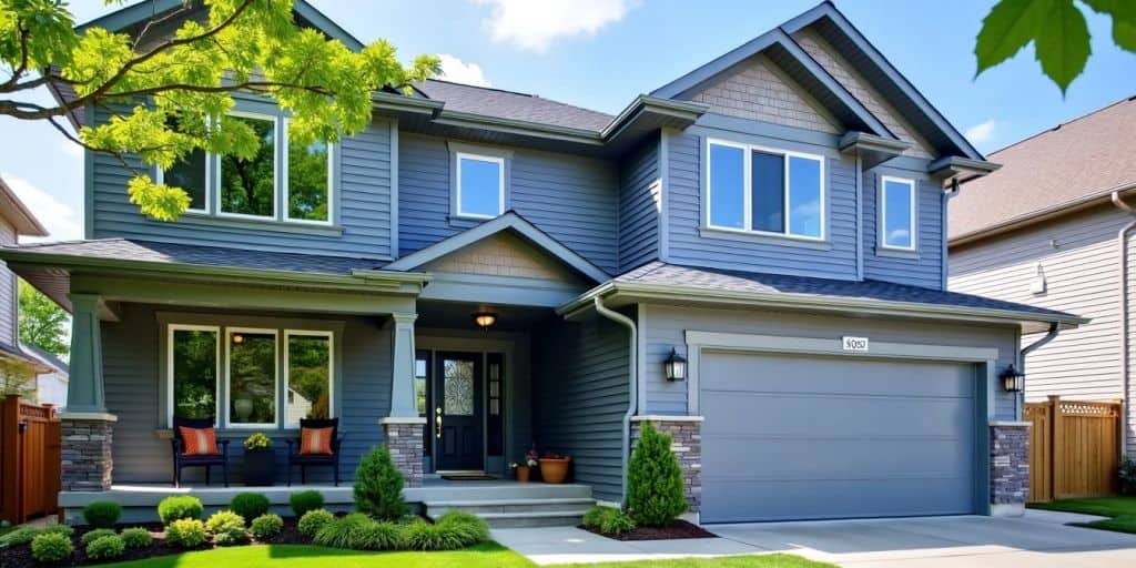 House exterior painted in blue grey under bright sunlight.