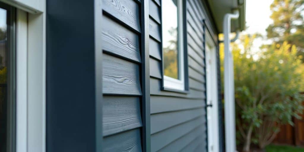 House exterior with dark shade vinyl siding in bright light.