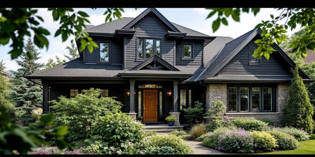 Bright house exterior with dark vinyl siding and greenery.