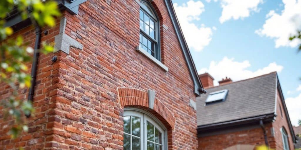 Vintage brick home exterior in Cambridge, high key photography.