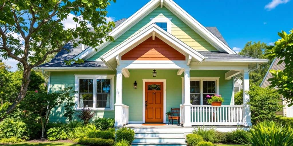 Brightly painted house with lush greenery and blue sky.