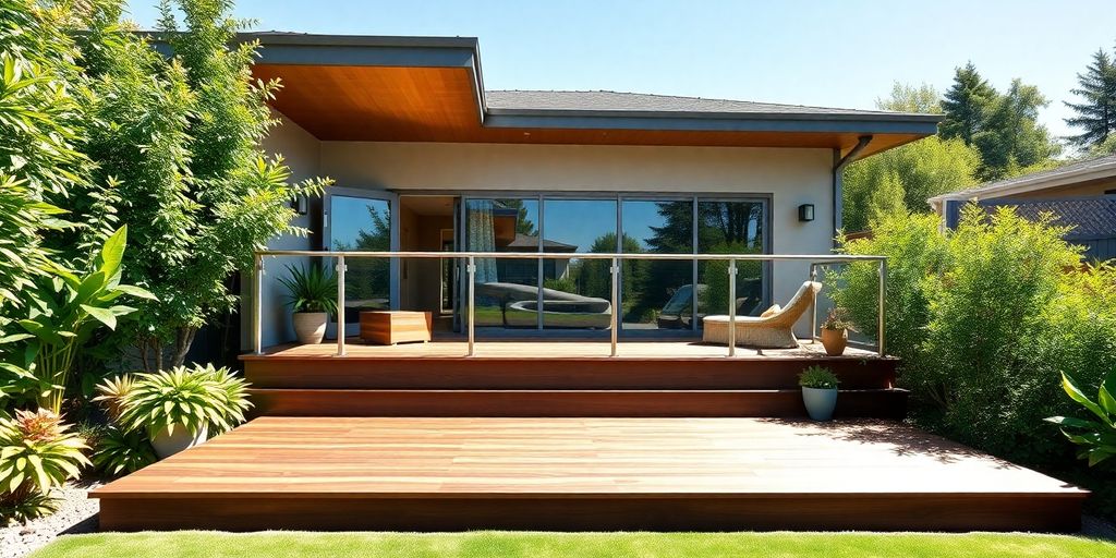 Stunning outdoor deck with house and greenery in sunlight.