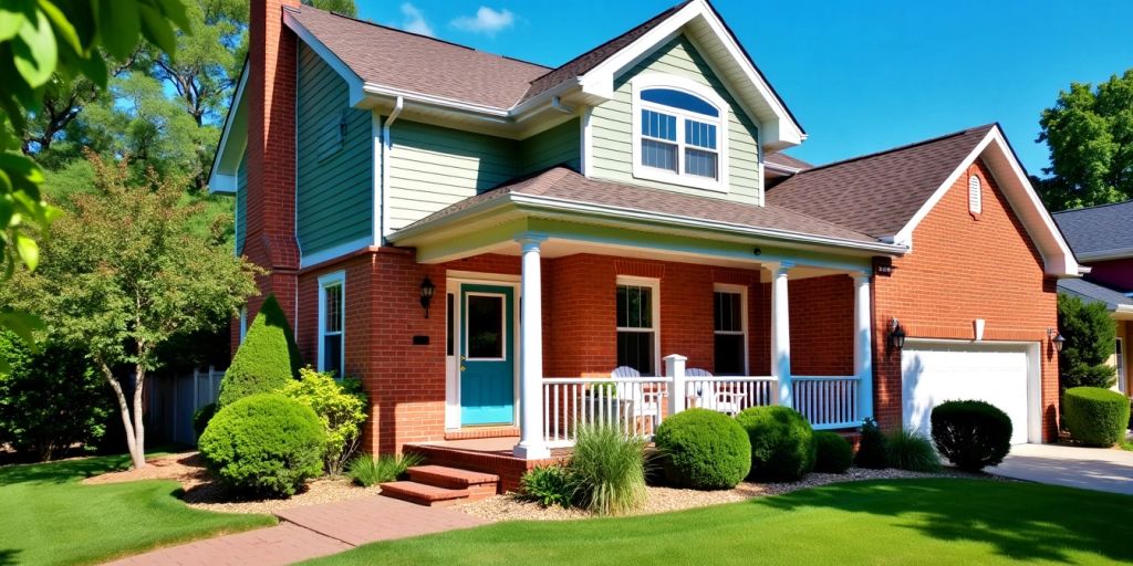 Brightly painted brick house exterior with greenery.