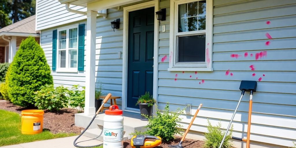 Residential siding with spray paint being cleaned.