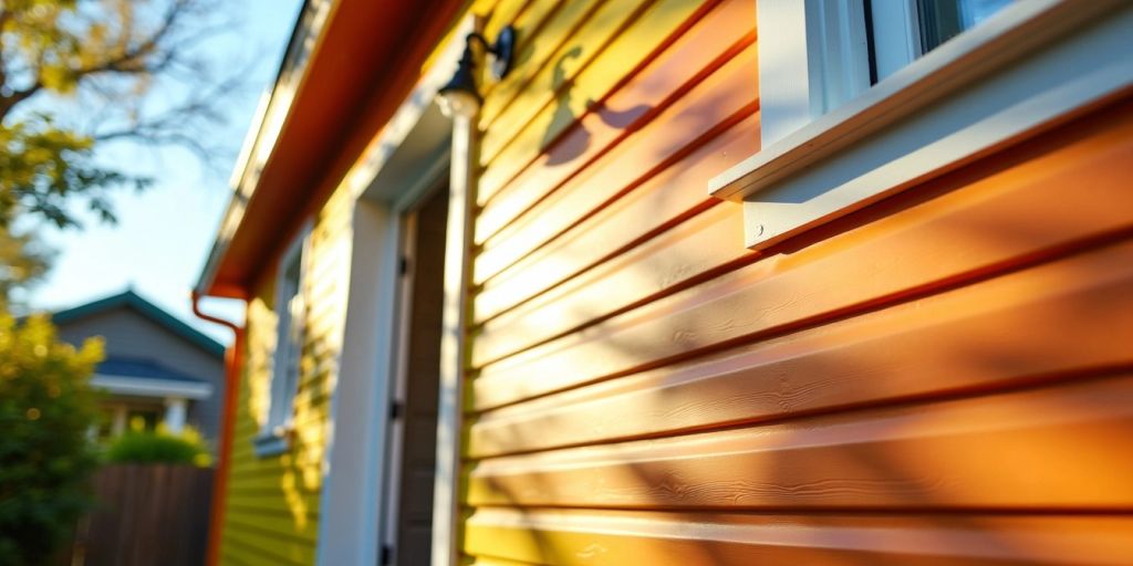 Bright house exterior with freshly painted vinyl siding.