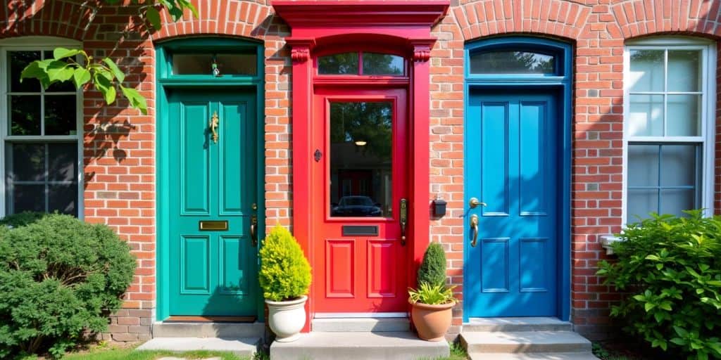 Brightly painted brick house exterior in Etobicoke.