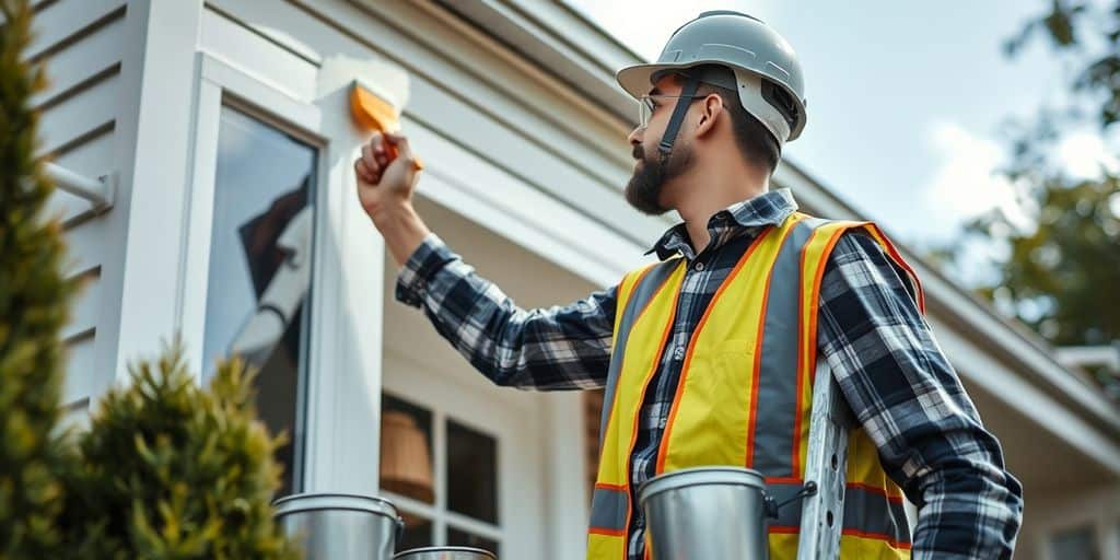 Person painting house exterior with safety gear