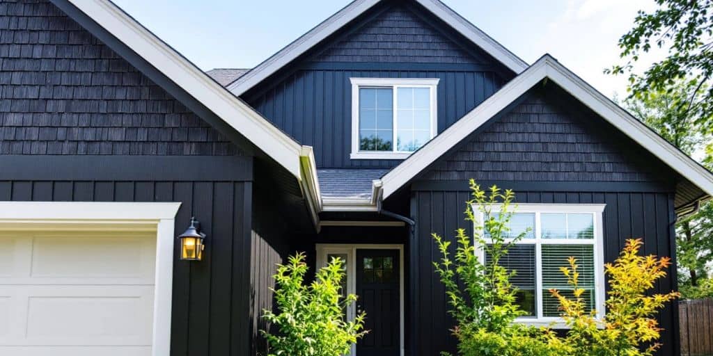 Modern house with dark vinyl siding in bright light.