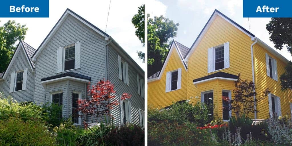 Before and after, from grey paint to yellow