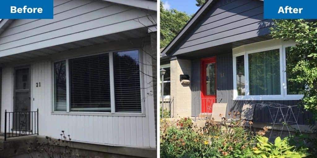 Before and after shot, dark grey siding