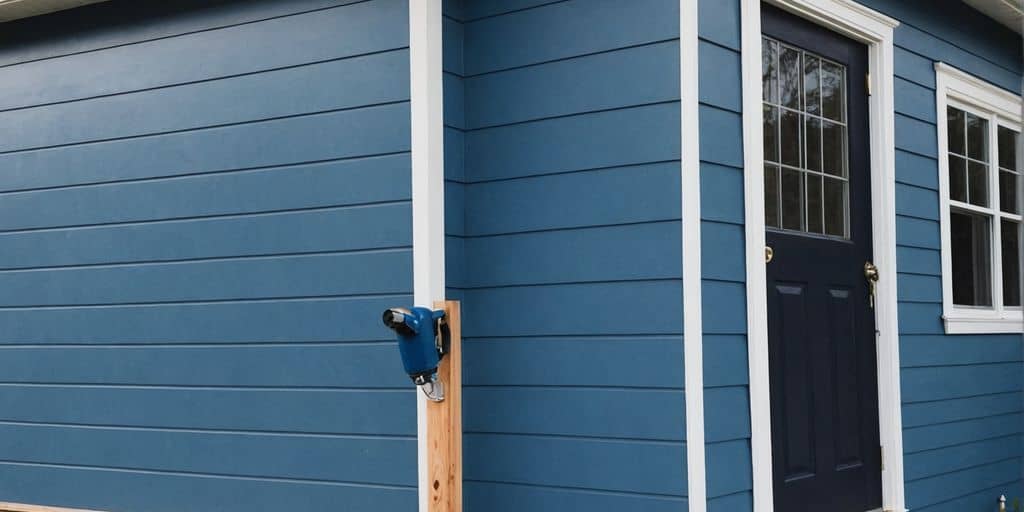 House exterior with blue paint on vinyl siding.