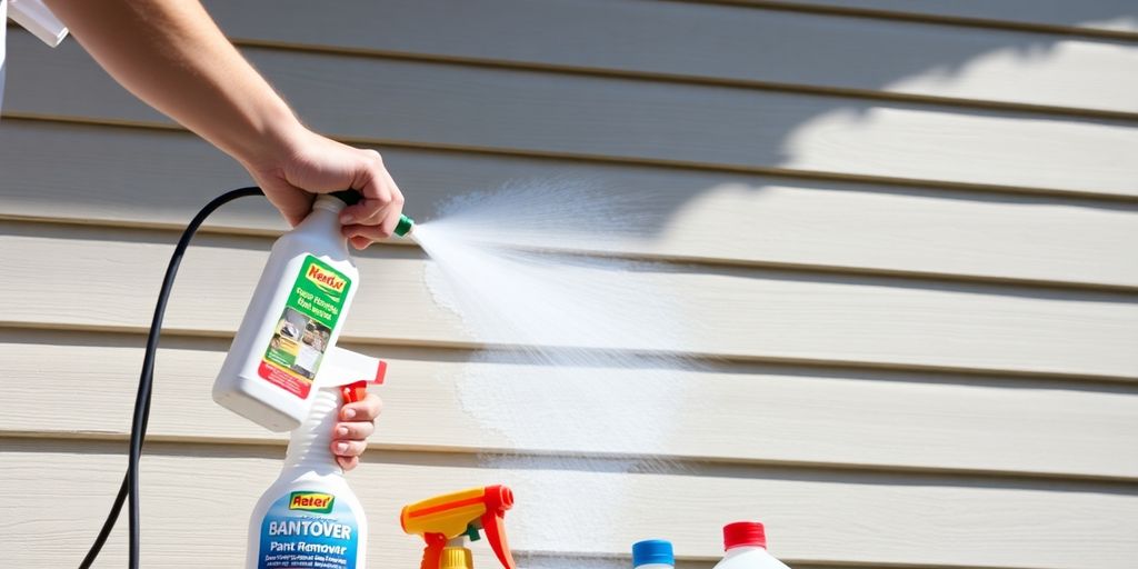 Person removing spray paint from siding with cleaning tools.