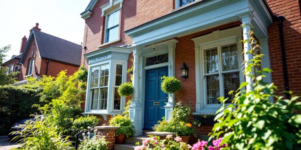 Brightly painted brick house exterior in Oakville.