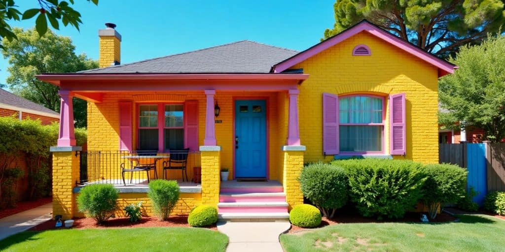 Bright painted brick house with greenery and blue sky.