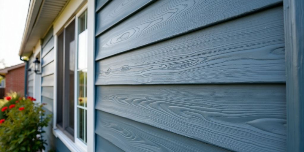 Blue-grey vinyl siding on a modern house exterior.