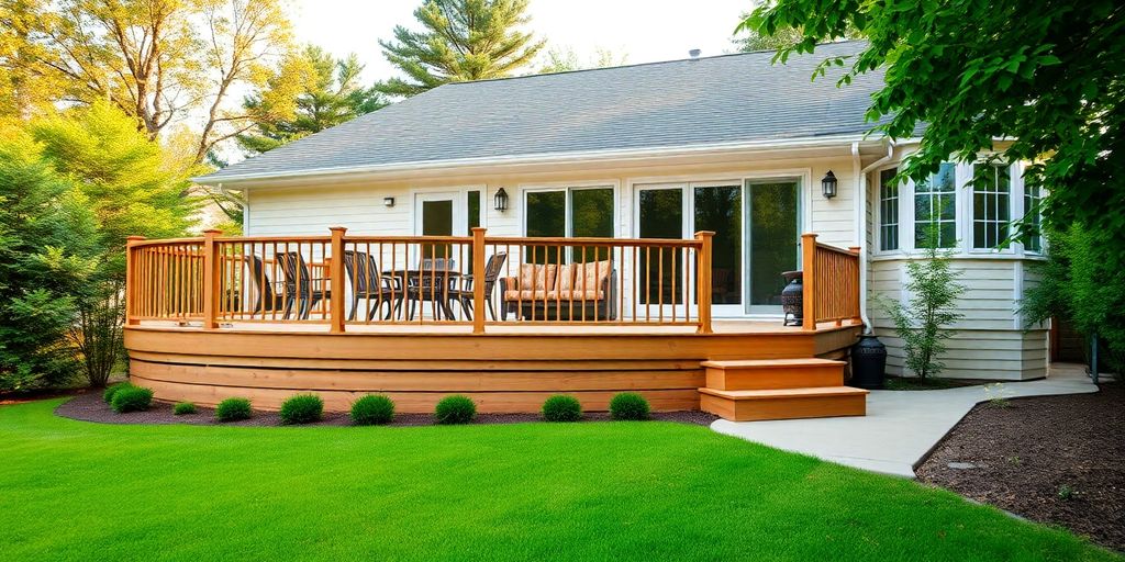 Beautiful deck on a house exterior with greenery.