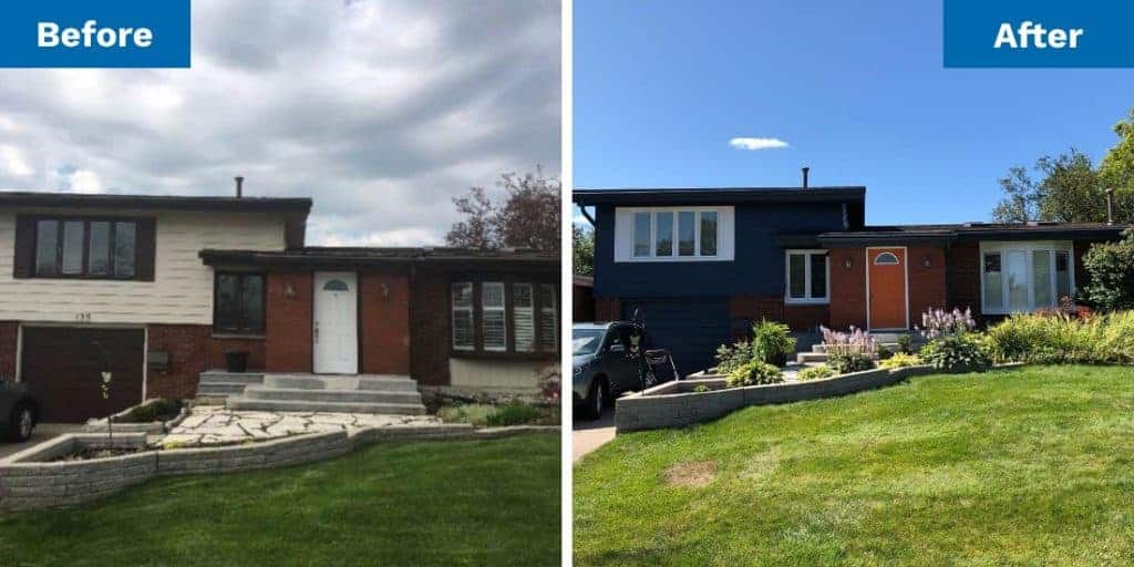 Dark blue siding paint job, before and after