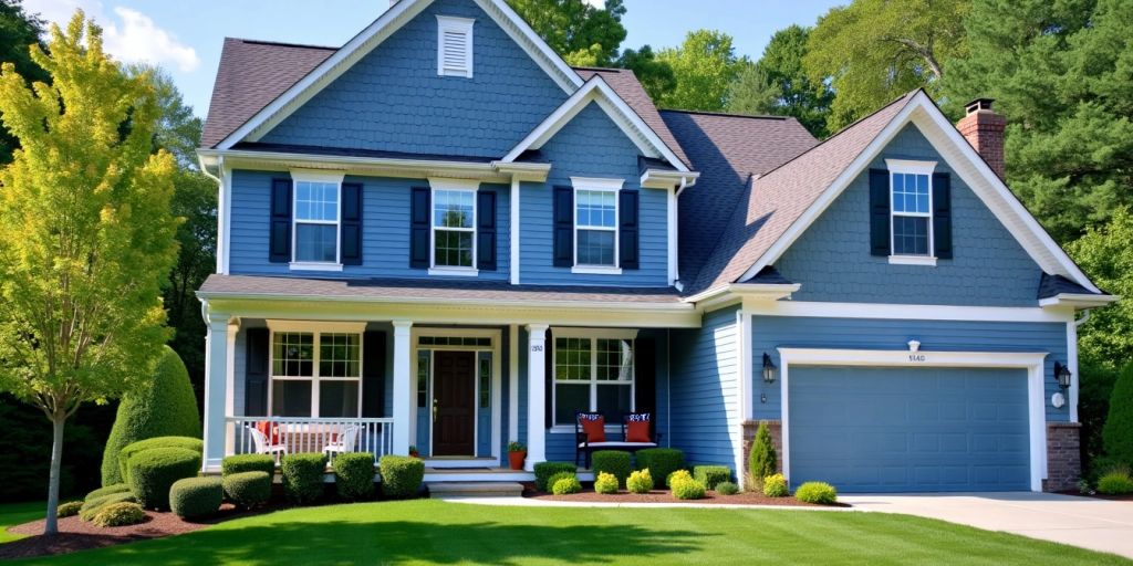 House exterior painted in blue grey with bright lighting.